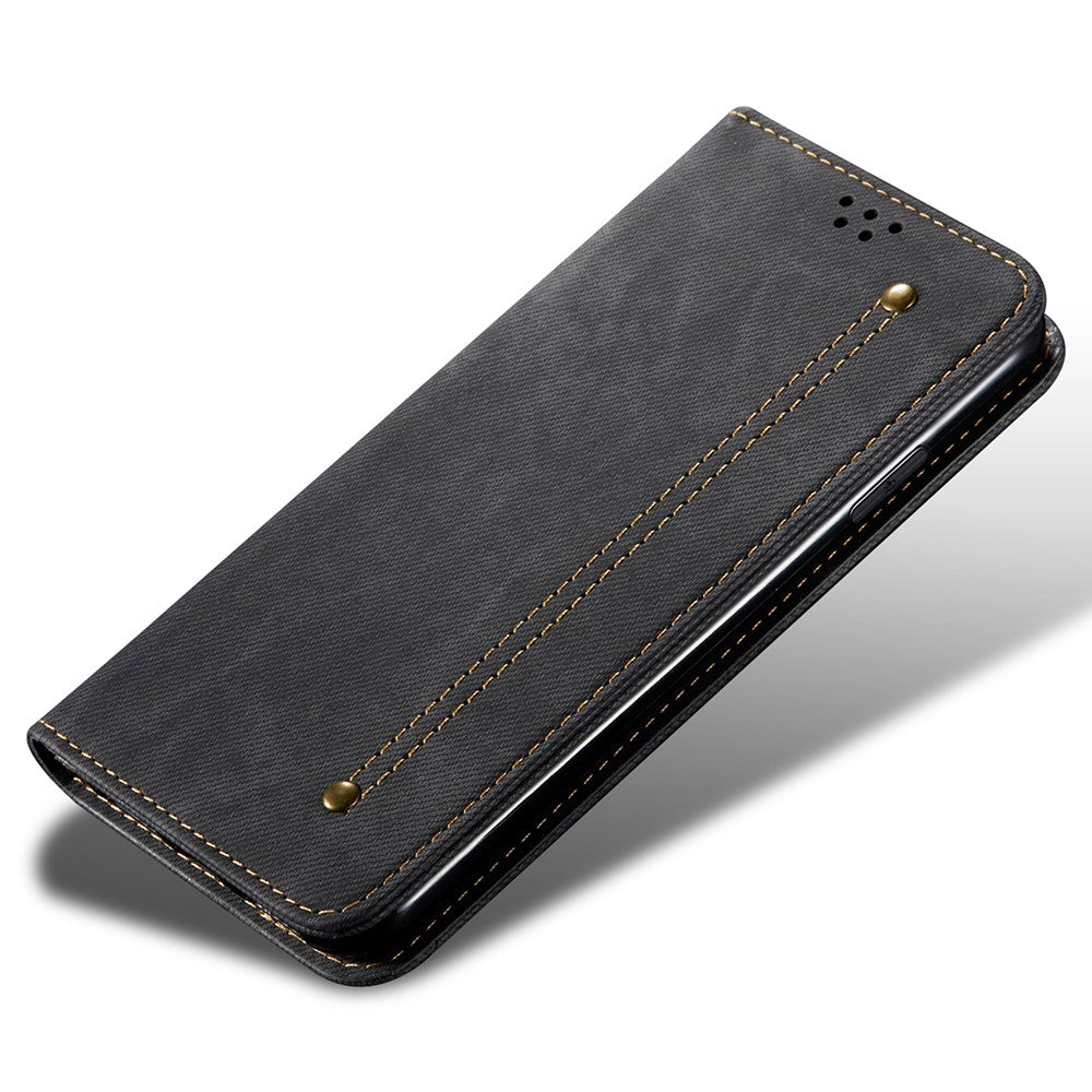 For Samsung Galaxy M14 Phone Case Cover Jeans Cloth Texture Stand Flip Shell PU Leather Wallet - Black
