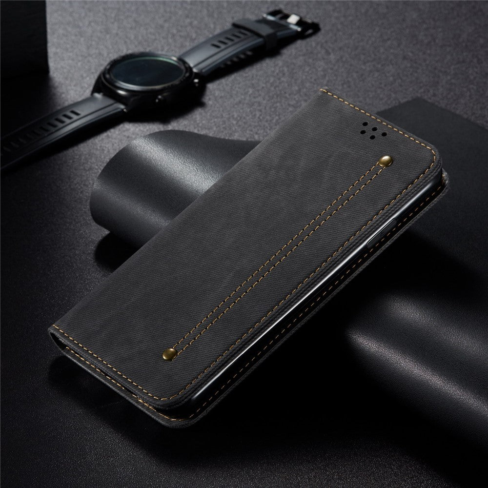 For Samsung Galaxy M14 Phone Case Cover Jeans Cloth Texture Stand Flip Shell PU Leather Wallet - Black