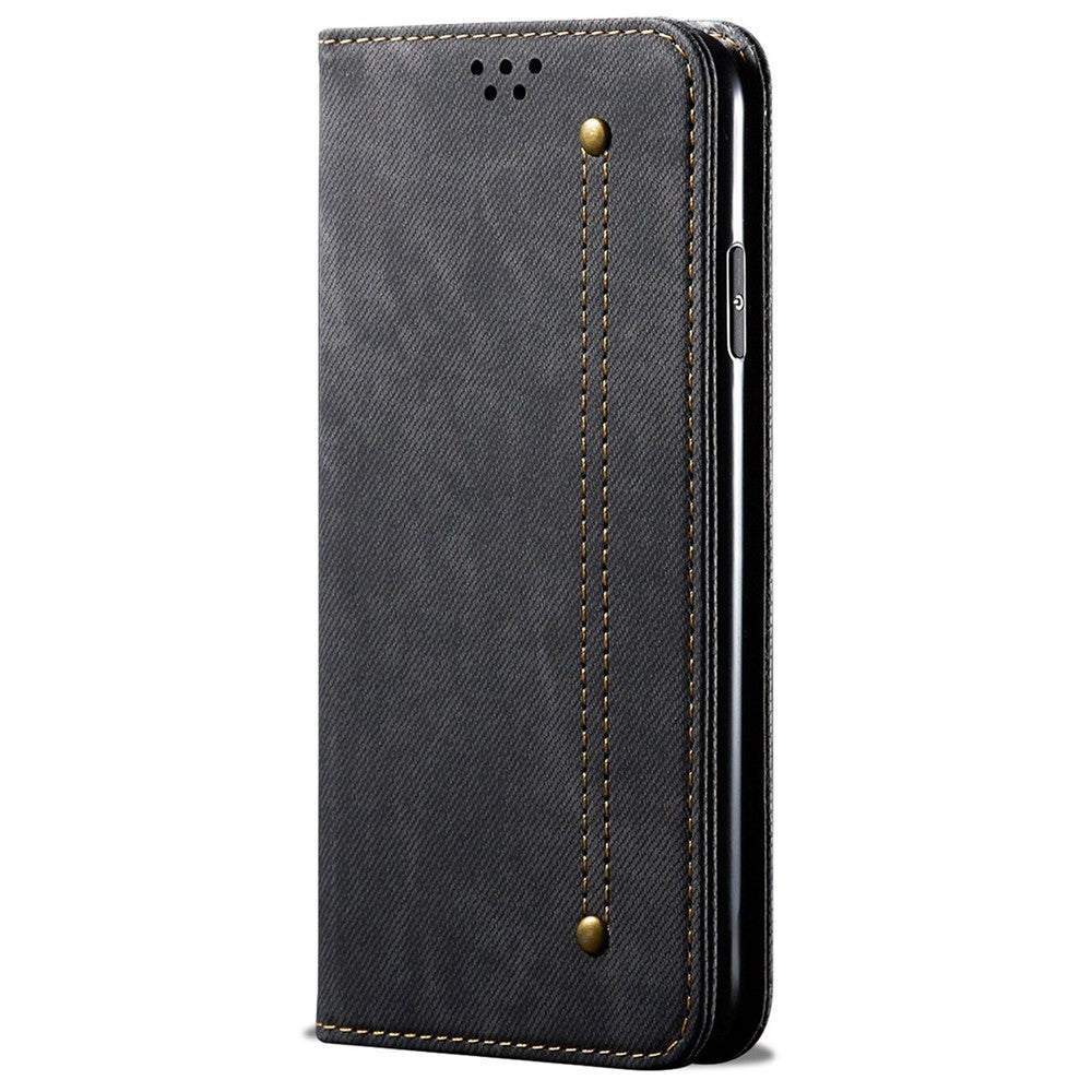 For Samsung Galaxy M14 Phone Case Cover Jeans Cloth Texture Stand Flip Shell PU Leather Wallet - Black