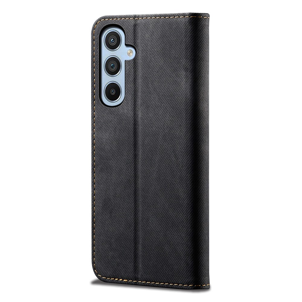 For Samsung Galaxy M14 Phone Case Cover Jeans Cloth Texture Stand Flip Shell PU Leather Wallet - Black