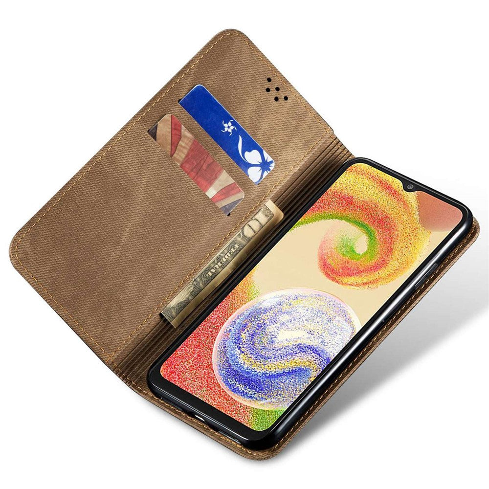 For Samsung Galaxy M14 Phone Case Cover Jeans Cloth Texture Stand Flip Shell PU Leather Wallet - Khaki