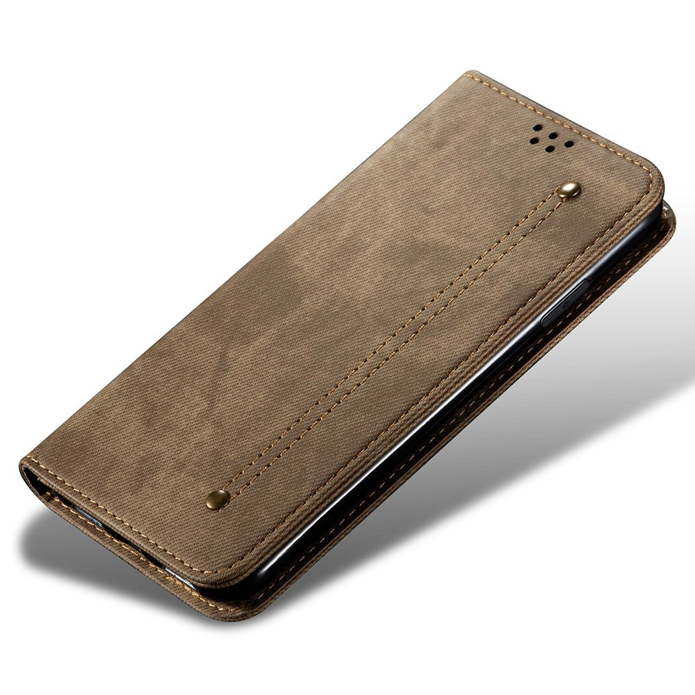 For Samsung Galaxy M14 Phone Case Cover Jeans Cloth Texture Stand Flip Shell PU Leather Wallet - Khaki