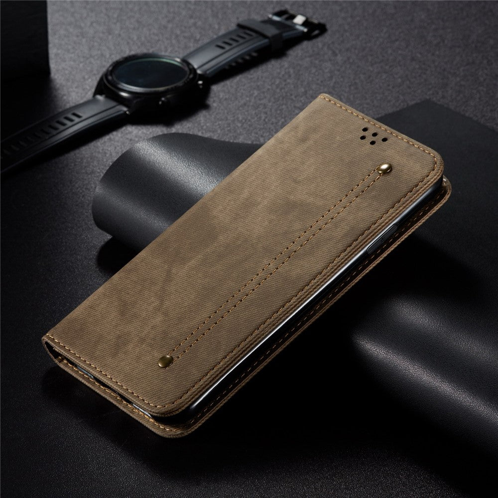 For Samsung Galaxy M14 Phone Case Cover Jeans Cloth Texture Stand Flip Shell PU Leather Wallet - Khaki