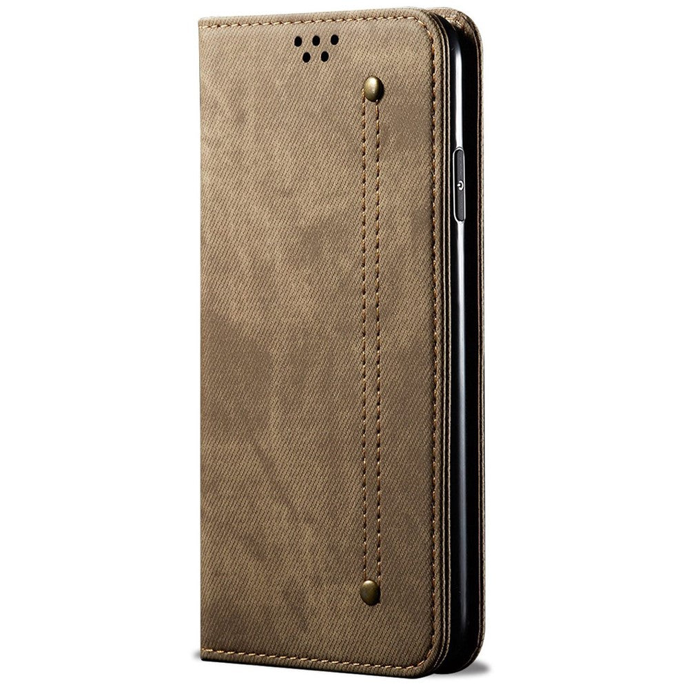 For Samsung Galaxy M14 Phone Case Cover Jeans Cloth Texture Stand Flip Shell PU Leather Wallet - Khaki