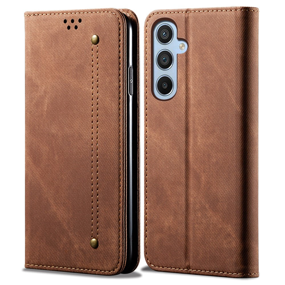 For Samsung Galaxy M14 Phone Case Cover Jeans Cloth Texture Stand Flip Shell PU Leather Wallet - Coffee