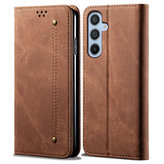 For Samsung Galaxy M14 Phone Case Cover Jeans Cloth Texture Stand Flip Shell PU Leather Wallet - Coffee