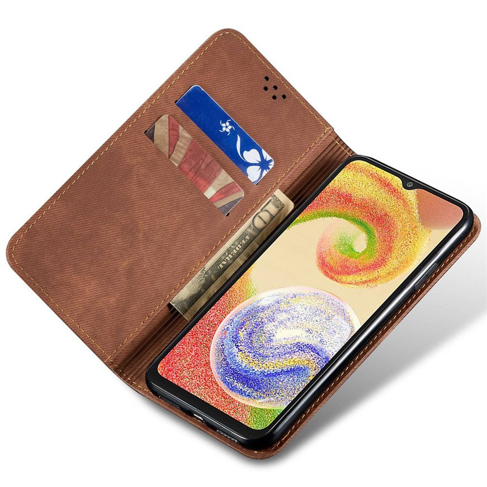 For Samsung Galaxy M14 Phone Case Cover Jeans Cloth Texture Stand Flip Shell PU Leather Wallet - Coffee