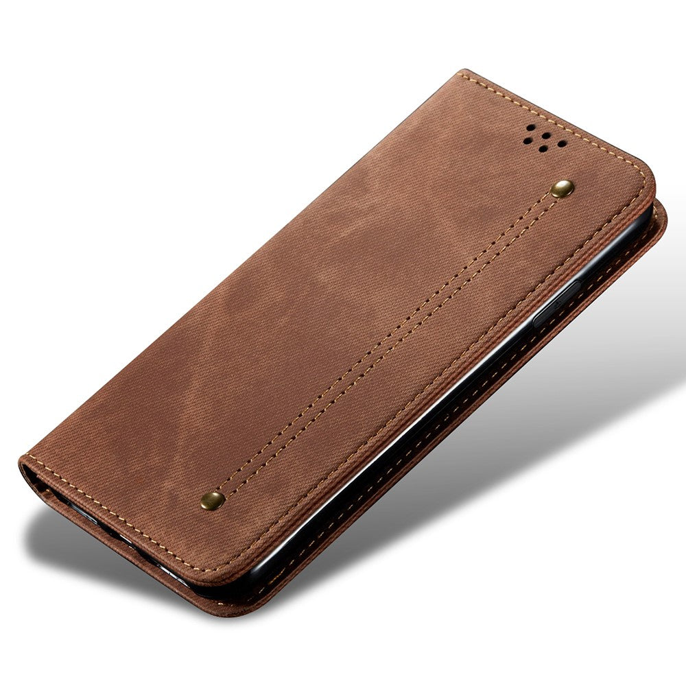 For Samsung Galaxy M14 Phone Case Cover Jeans Cloth Texture Stand Flip Shell PU Leather Wallet - Coffee