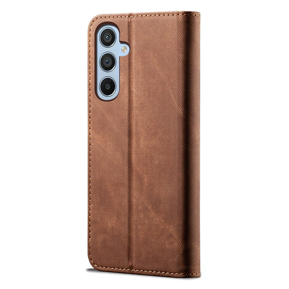 For Samsung Galaxy M14 Phone Case Cover Jeans Cloth Texture Stand Flip Shell PU Leather Wallet - Coffee