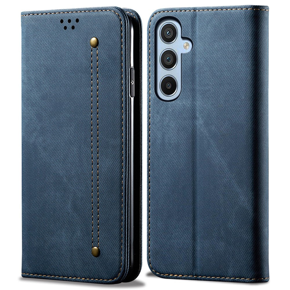 For Samsung Galaxy M14 Phone Case Cover Jeans Cloth Texture Stand Flip Shell PU Leather Wallet - Blue