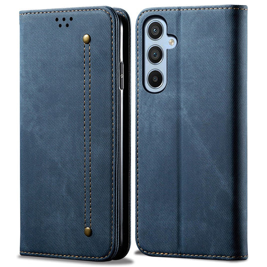 For Samsung Galaxy M14 Phone Case Cover Jeans Cloth Texture Stand Flip Shell PU Leather Wallet - Blue