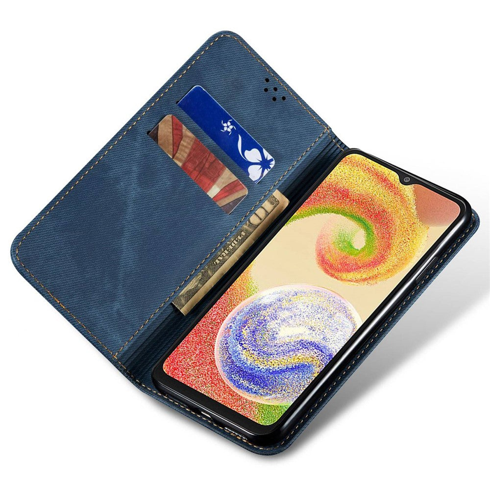 For Samsung Galaxy M14 Phone Case Cover Jeans Cloth Texture Stand Flip Shell PU Leather Wallet - Blue