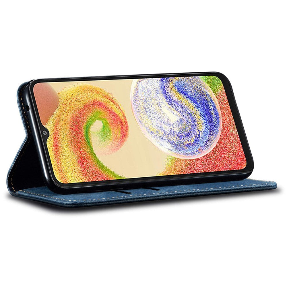 For Samsung Galaxy M14 Phone Case Cover Jeans Cloth Texture Stand Flip Shell PU Leather Wallet - Blue