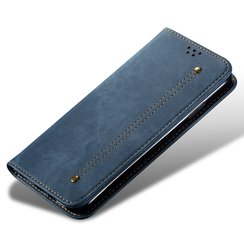 For Samsung Galaxy M14 Phone Case Cover Jeans Cloth Texture Stand Flip Shell PU Leather Wallet - Blue