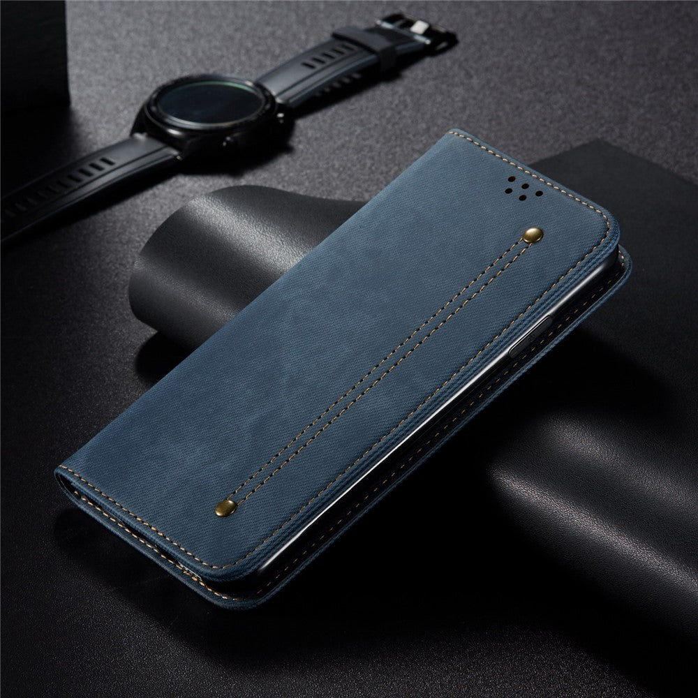 For Samsung Galaxy M14 Phone Case Cover Jeans Cloth Texture Stand Flip Shell PU Leather Wallet - Blue