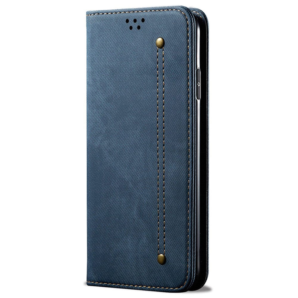 For Samsung Galaxy M14 Phone Case Cover Jeans Cloth Texture Stand Flip Shell PU Leather Wallet - Blue