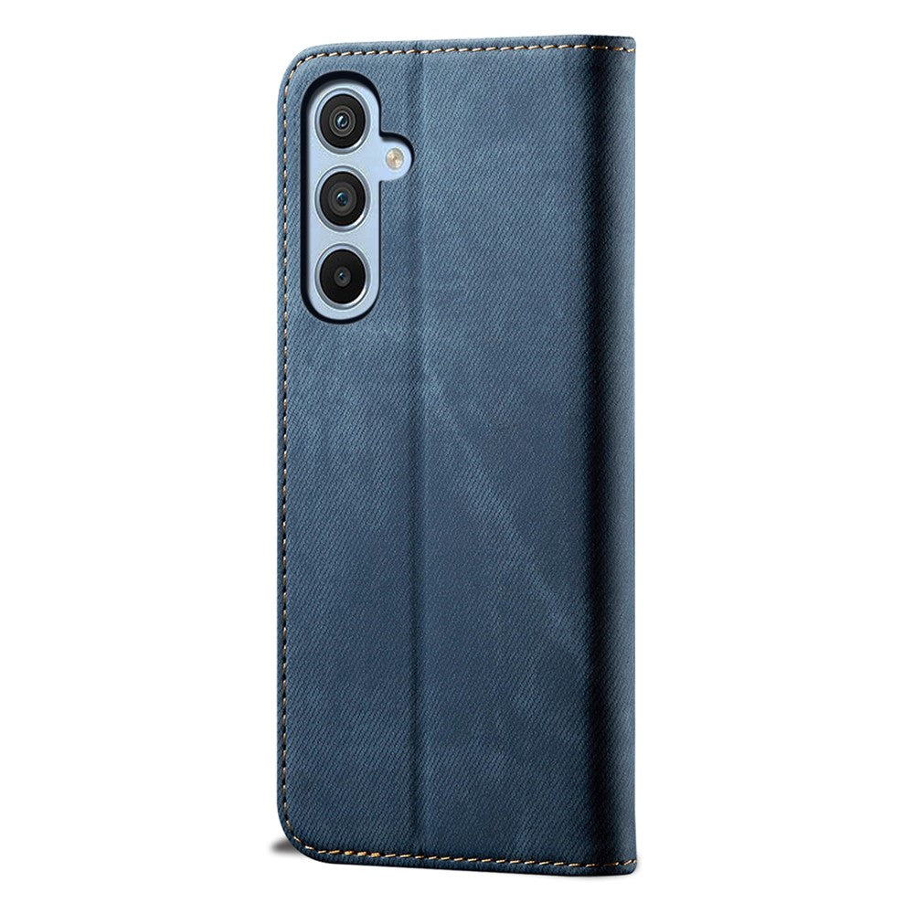 For Samsung Galaxy M14 Phone Case Cover Jeans Cloth Texture Stand Flip Shell PU Leather Wallet - Blue