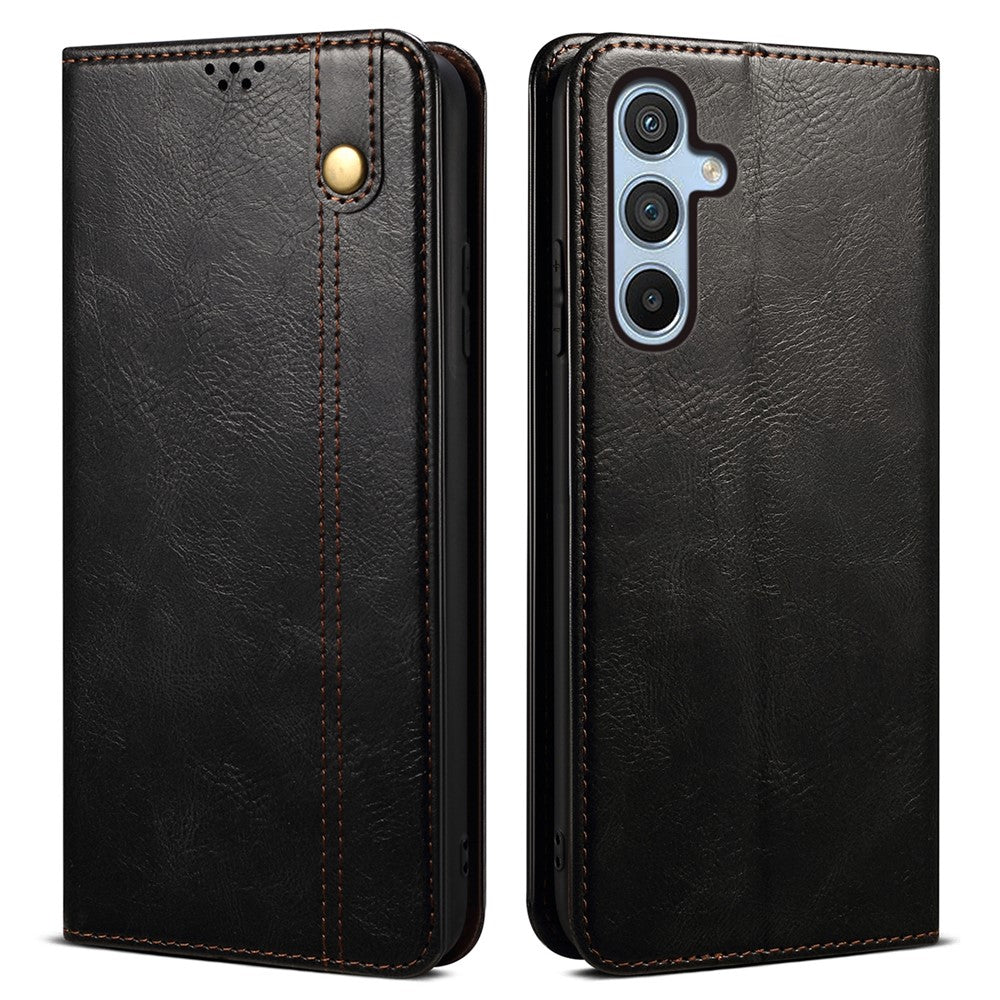 For Samsung Galaxy M14 5G Wallet Waxy Crazy Horse Texture Leather Phone Case Stand Cell Phone Cover - Black