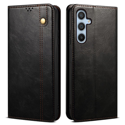 For Samsung Galaxy M14 5G Wallet Waxy Crazy Horse Texture Leather Phone Case Stand Cell Phone Cover - Black