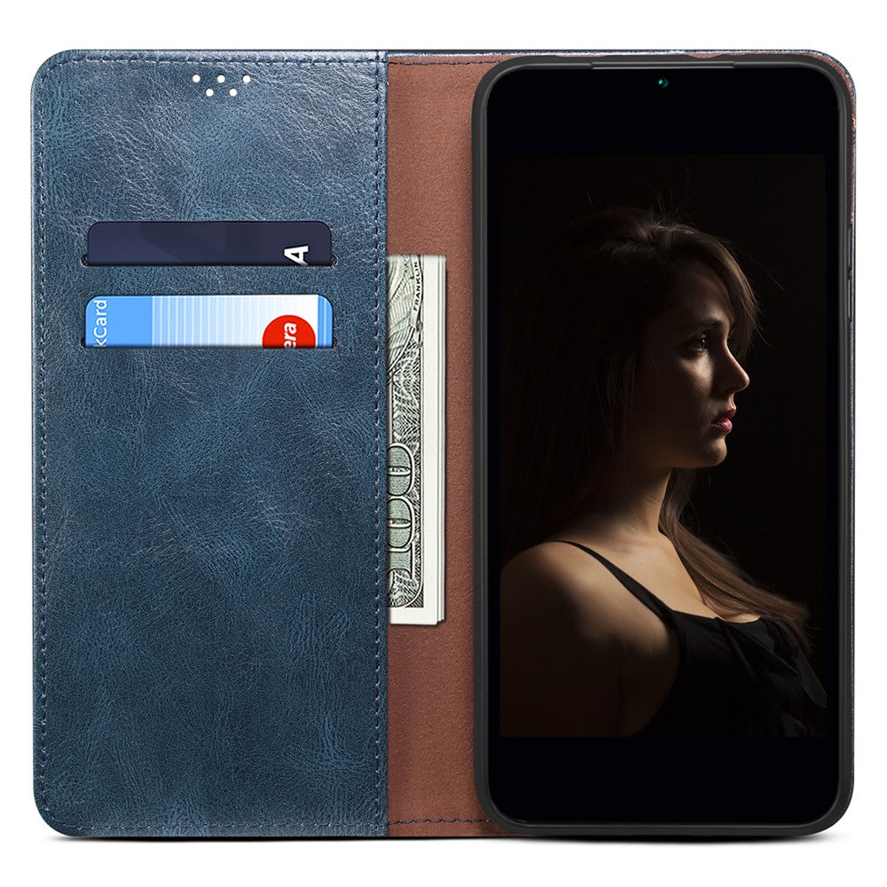 For Samsung Galaxy M14 5G Wallet Waxy Crazy Horse Texture Leather Phone Case Stand Cell Phone Cover - Blue