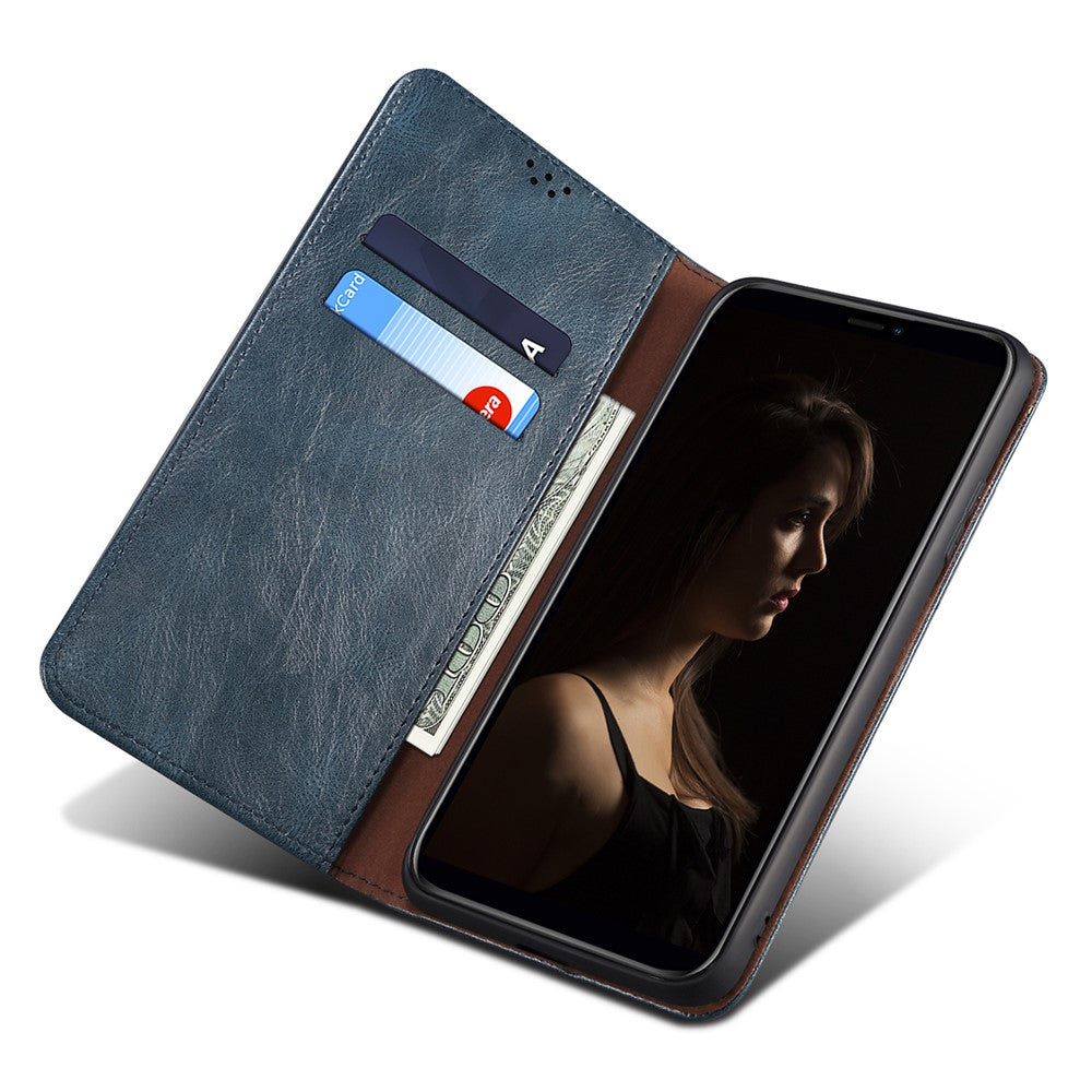For Samsung Galaxy M14 5G Wallet Waxy Crazy Horse Texture Leather Phone Case Stand Cell Phone Cover - Blue