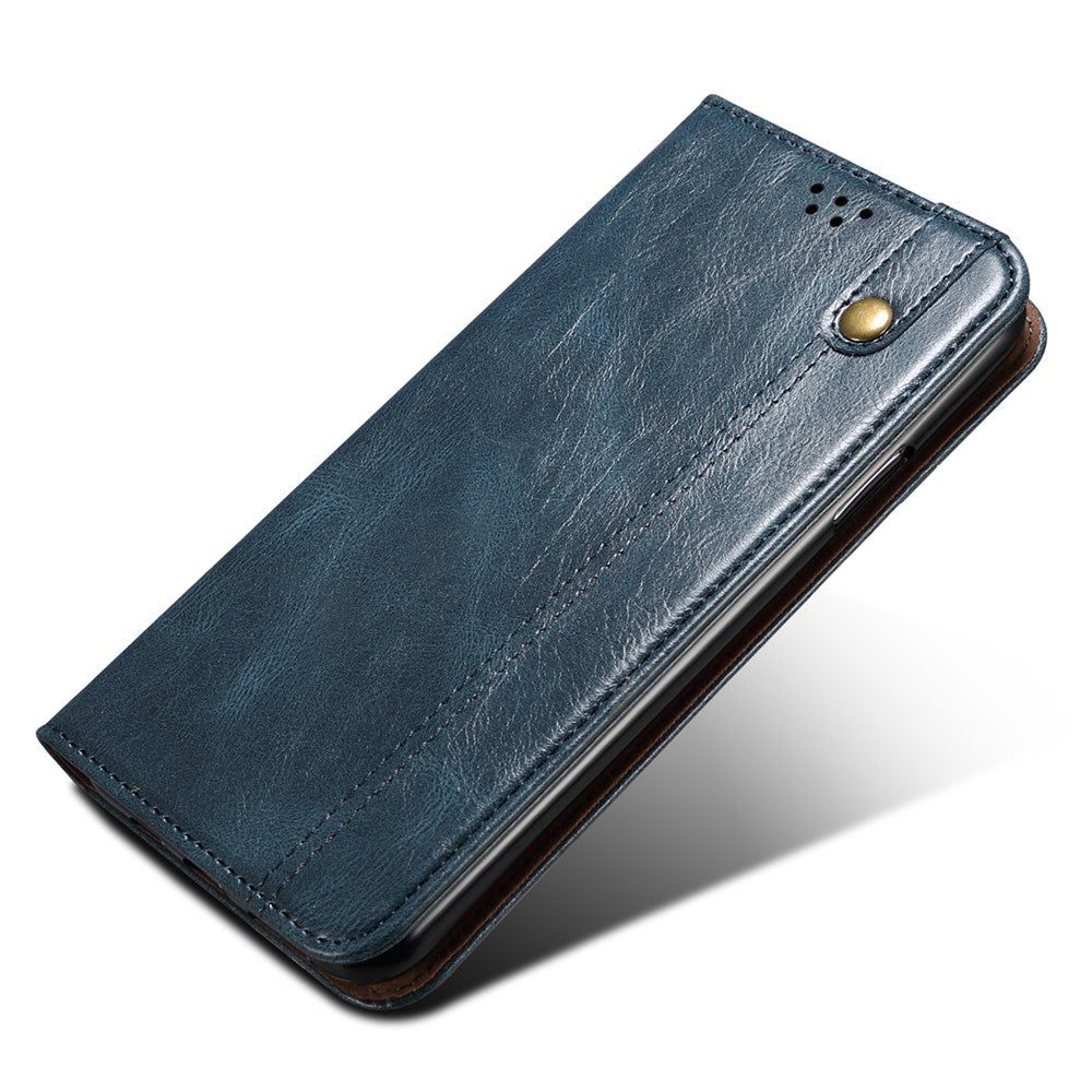 For Samsung Galaxy M14 5G Wallet Waxy Crazy Horse Texture Leather Phone Case Stand Cell Phone Cover - Blue