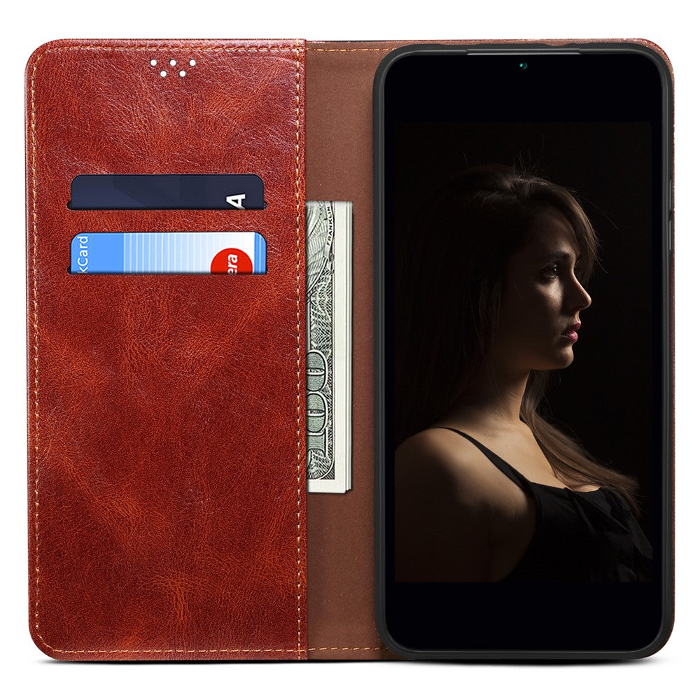 For Samsung Galaxy M14 5G Wallet Waxy Crazy Horse Texture Leather Phone Case Stand Cell Phone Cover - Brown
