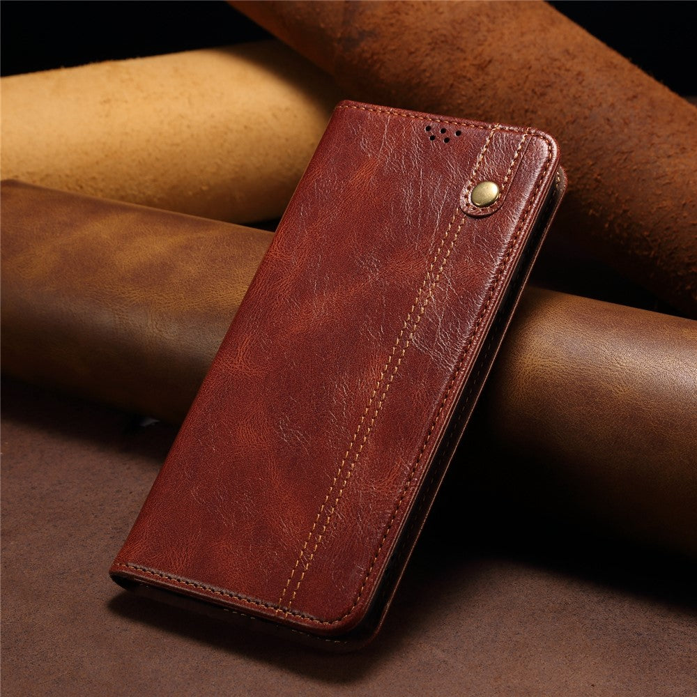 For Samsung Galaxy M14 5G Wallet Waxy Crazy Horse Texture Leather Phone Case Stand Cell Phone Cover - Brown