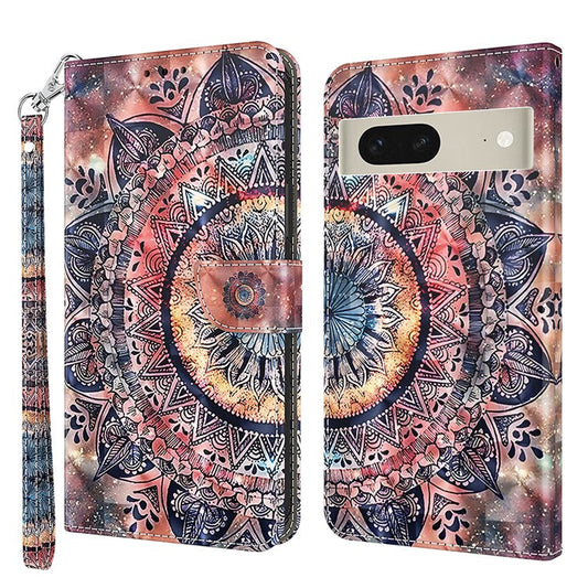 For Google Pixel 7 5G PU Leather Wallet Stand Phone Case 3D Pattern Printing Anti-drop Shell - Color Mandala