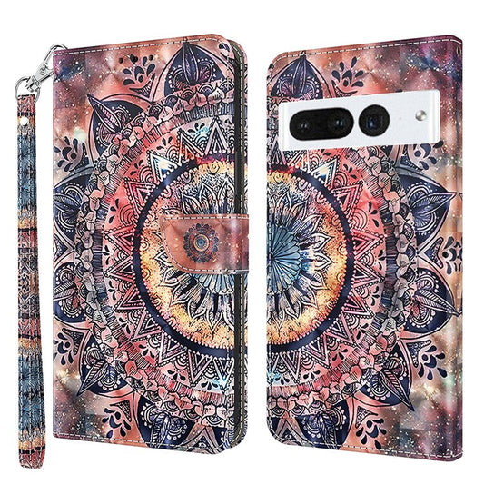 For Google Pixel 7 Pro 5G PU Leather Phone Case 3D Pattern Printing Flip Stand Wallet Shell - Color Mandala