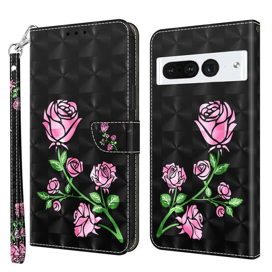 For Google Pixel 7 Pro 5G PU Leather Phone Case 3D Pattern Printing Flip Stand Wallet Shell - Rose Flower