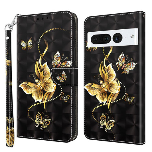 For Google Pixel 7 Pro 5G PU Leather Phone Case 3D Pattern Printing Flip Stand Wallet Shell - Golden Butterfly