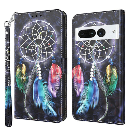 For Google Pixel 7 Pro 5G PU Leather Phone Case 3D Pattern Printing Flip Stand Wallet Shell - Dream Catcher