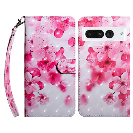 For Google Pixel 7 Pro 5G PU Leather Phone Case 3D Pattern Printing Flip Stand Wallet Shell - Red Flower
