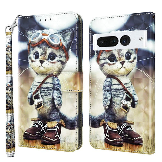 For Google Pixel 7 Pro 5G PU Leather Phone Case 3D Pattern Printing Flip Stand Wallet Shell - Standing Cat
