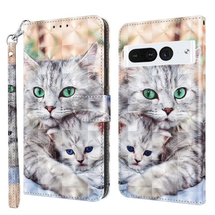For Google Pixel 7 Pro 5G PU Leather Phone Case 3D Pattern Printing Flip Stand Wallet Shell - Two Cats
