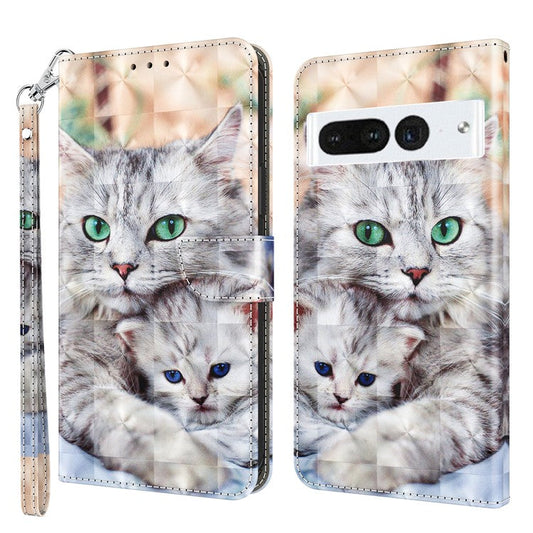 For Google Pixel 7 Pro 5G PU Leather Phone Case 3D Pattern Printing Flip Stand Wallet Shell - Two Cats
