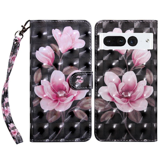 For Google Pixel 7 Pro 5G PU Leather Phone Case 3D Pattern Printing Flip Stand Wallet Shell - Pink Flower