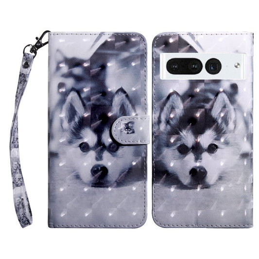 For Google Pixel 7 Pro 5G PU Leather Phone Case 3D Pattern Printing Flip Stand Wallet Shell - Husky