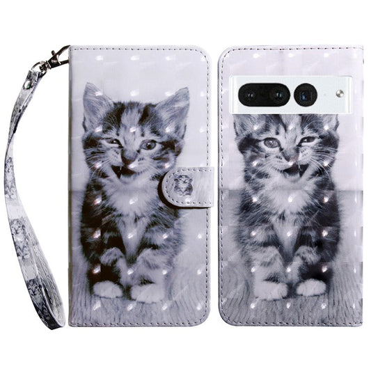 For Google Pixel 7 Pro 5G PU Leather Phone Case 3D Pattern Printing Flip Stand Wallet Shell - Cat