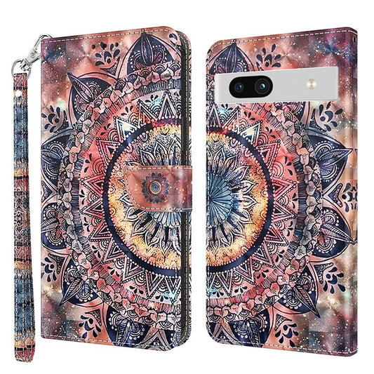 For Google Pixel 7a PU Leather Stand Wallet Shockproof Cover 3D Pattern Printing Phone Case - Color Mandala