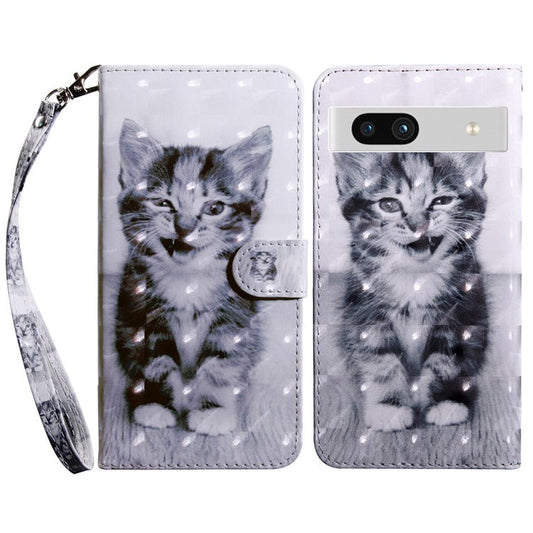 For Google Pixel 7a PU Leather Stand Wallet Shockproof Cover 3D Pattern Printing Phone Case - Cat