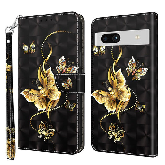 For Google Pixel 7a PU Leather Stand Wallet Shockproof Cover 3D Pattern Printing Phone Case - Golden Butterfly