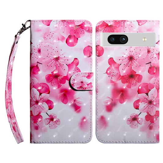 For Google Pixel 7a PU Leather Stand Wallet Shockproof Cover 3D Pattern Printing Phone Case - Red Flower