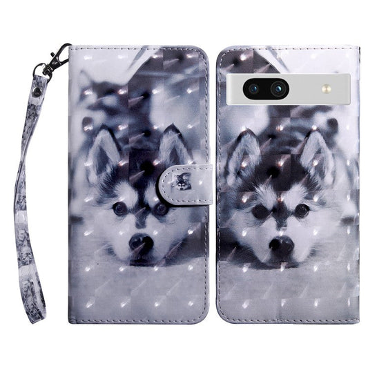 For Google Pixel 7a PU Leather Stand Wallet Shockproof Cover 3D Pattern Printing Phone Case - Husky