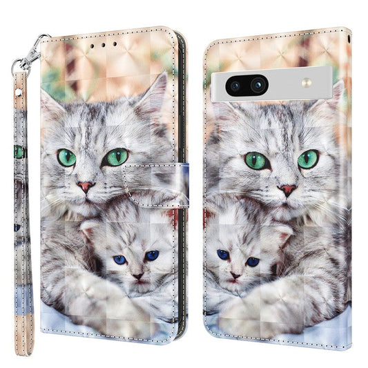 For Google Pixel 7a PU Leather Stand Wallet Shockproof Cover 3D Pattern Printing Phone Case - Two Cats