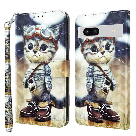 For Google Pixel 7a PU Leather Stand Wallet Shockproof Cover 3D Pattern Printing Phone Case - Standing Cat