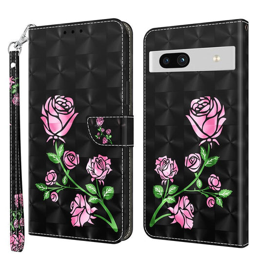 For Google Pixel 7a PU Leather Stand Wallet Shockproof Cover 3D Pattern Printing Phone Case - Rose Flower