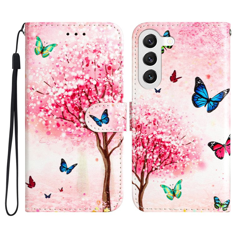 For Samsung Galaxy S23 Pattern Printing Shockproof Phone Case Folding Stand Leather Wallet Cover - Cherry Blossoms Tree