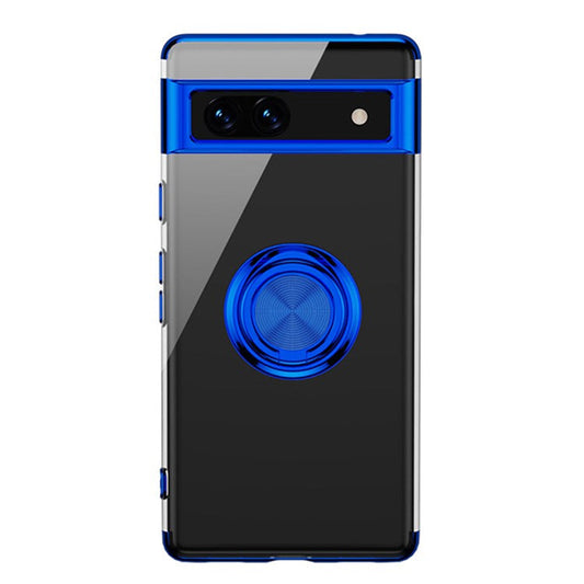 For Google Pixel 7a Ring Kickstand Electroplating TPU Phone Case Anti-drop Back Cover - Blue
